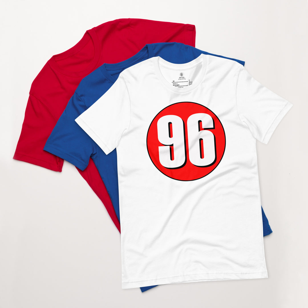 Unisex t-shirt: White on Red 96