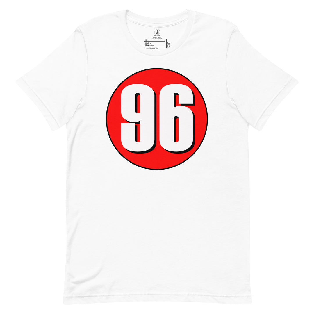 Unisex t-shirt: White on Red 96