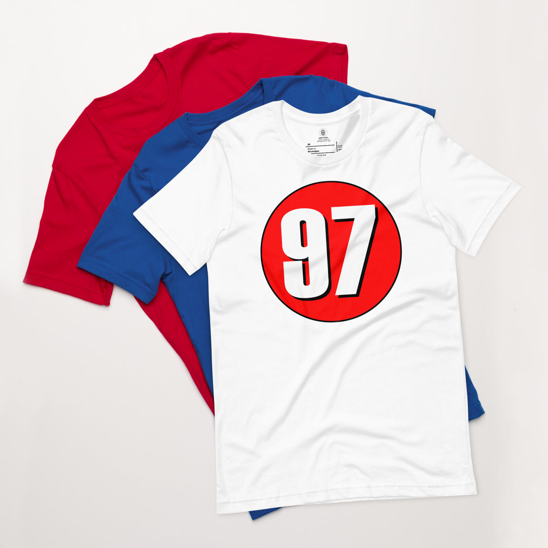 Unisex t-shirt: White on Red 97