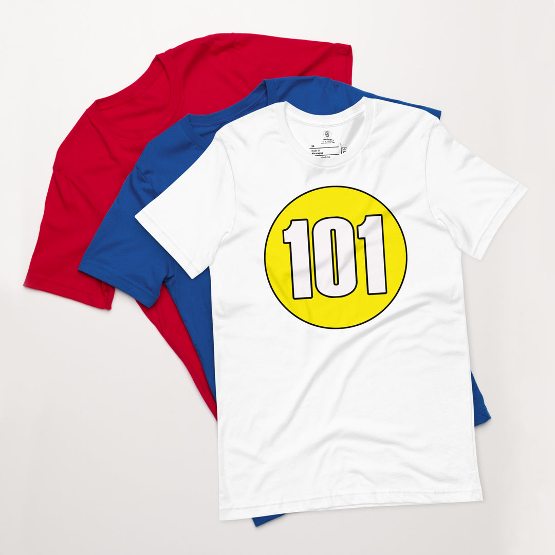 Unisex t-shirt: White on Yellow 101