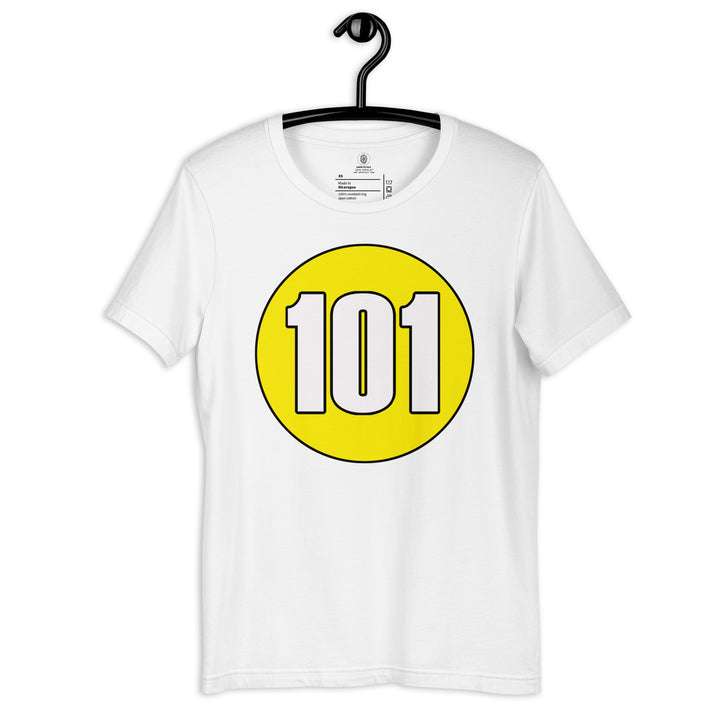 Unisex t-shirt: White on Yellow 101