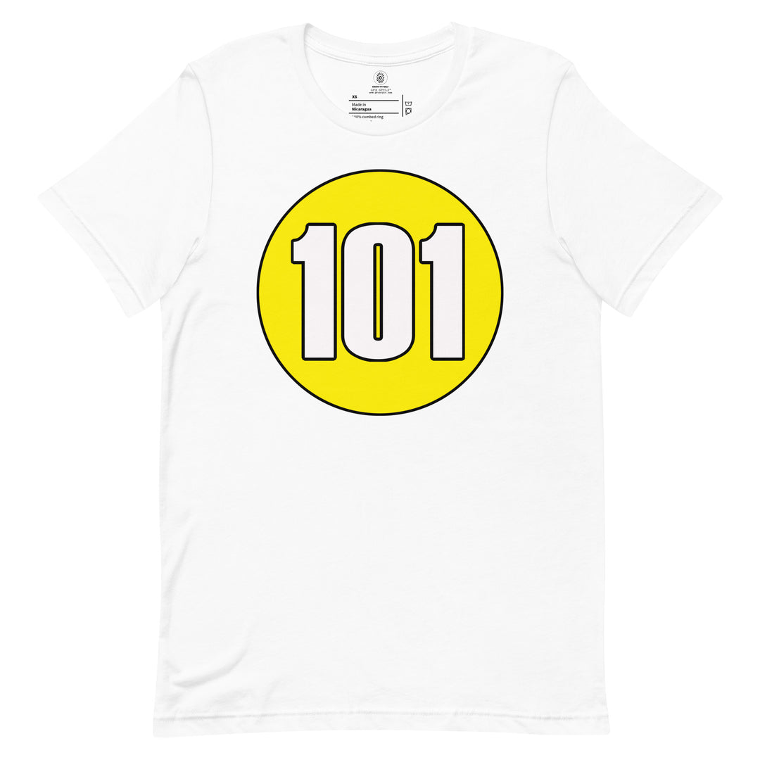 Unisex t-shirt: White on Yellow 101