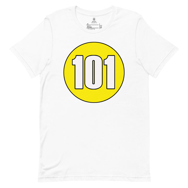 Unisex t-shirt: White on Yellow 101