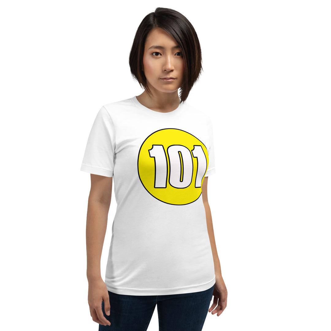 Unisex t-shirt: White on Yellow 101