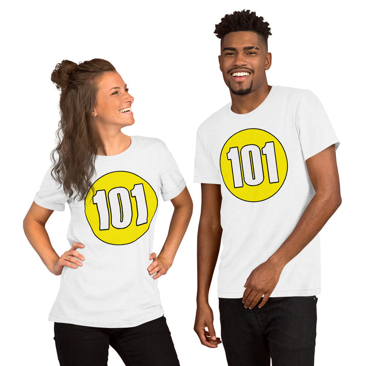 Unisex t-shirt: White on Yellow 101