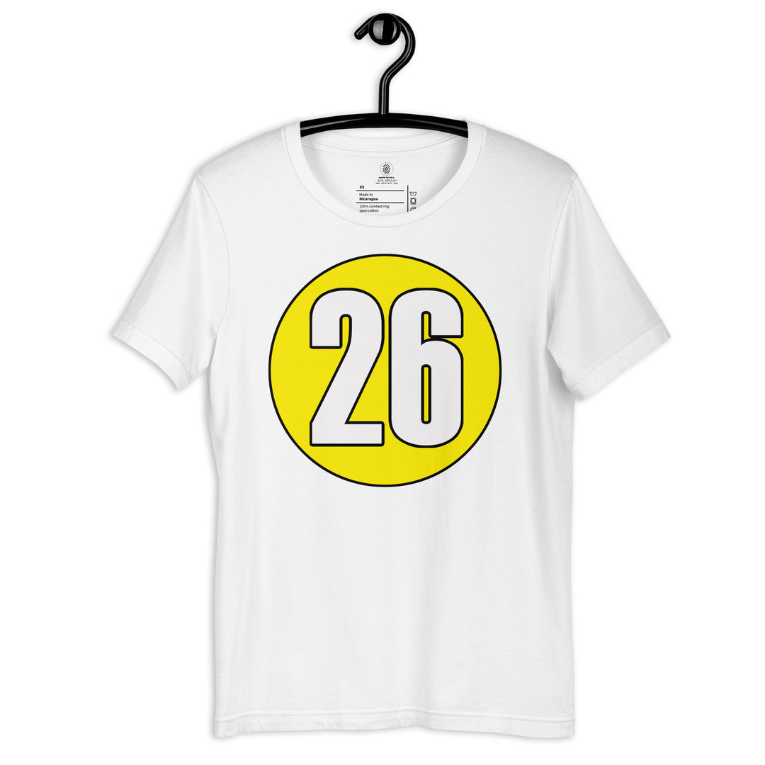 Unisex t-shirt: White on Yellow 26