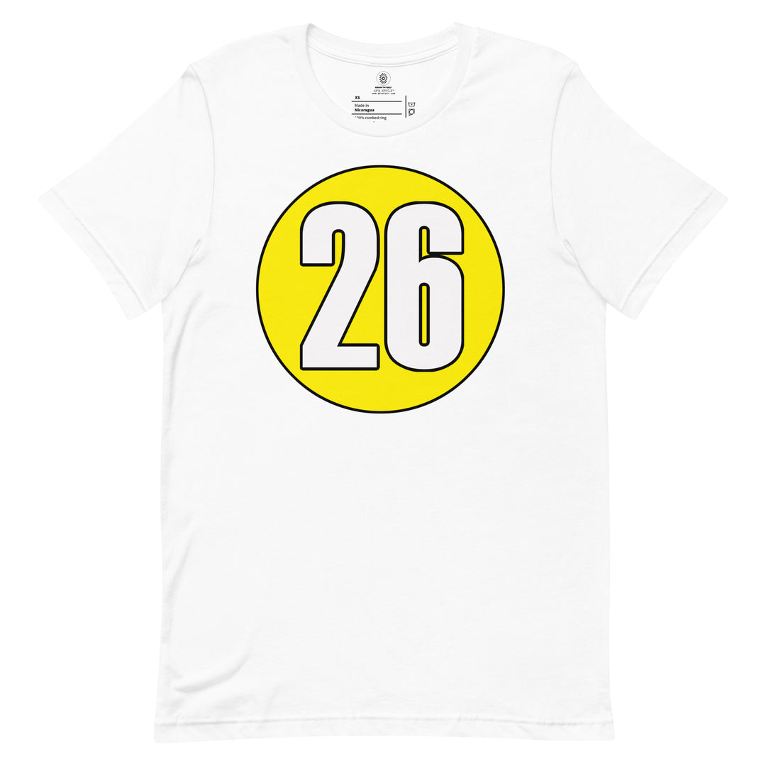 Unisex t-shirt: White on Yellow 26