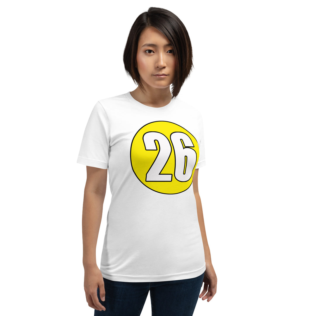 Unisex t-shirt: White on Yellow 26