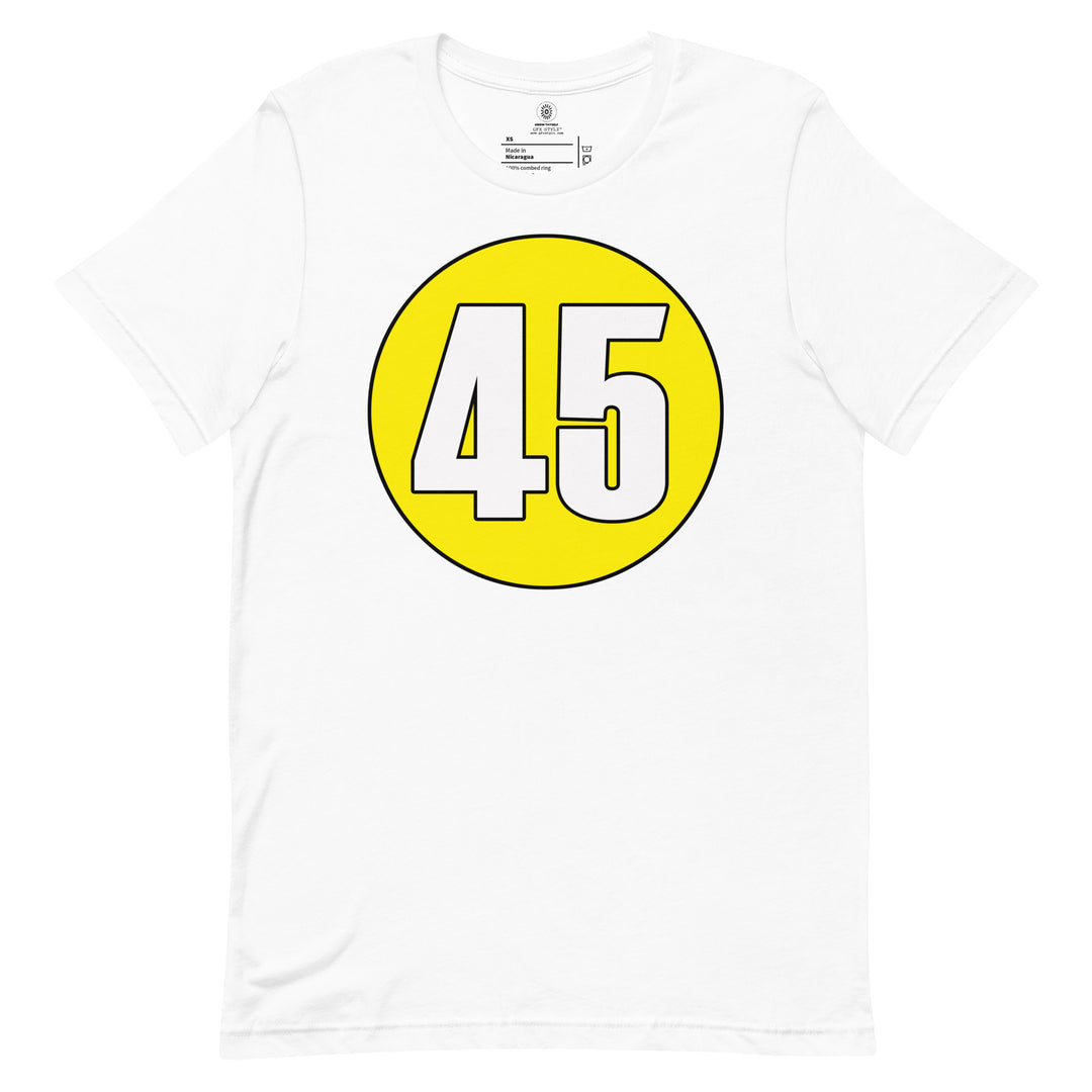 Unisex t-shirt: White on Yellow 45