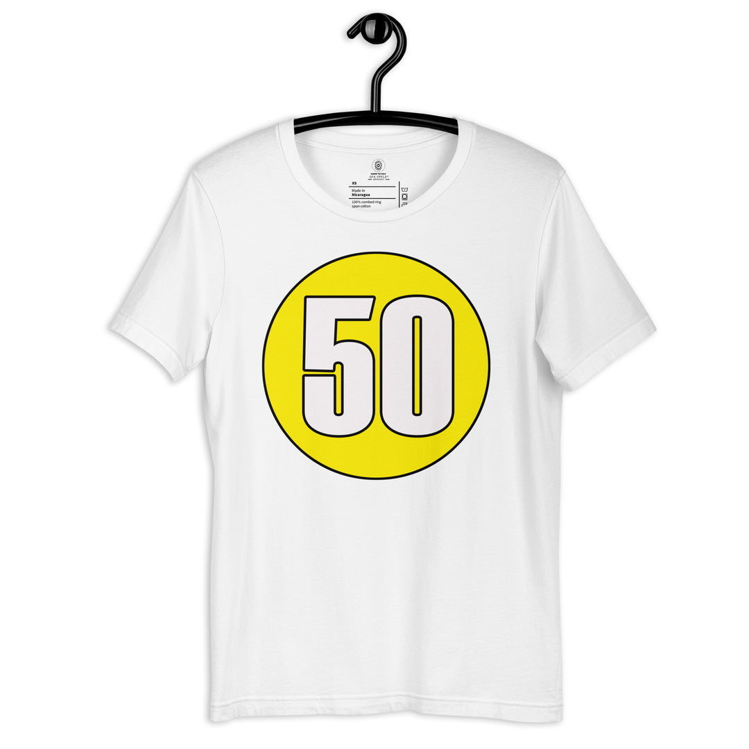 Unisex t-shirt: White on Yellow 50