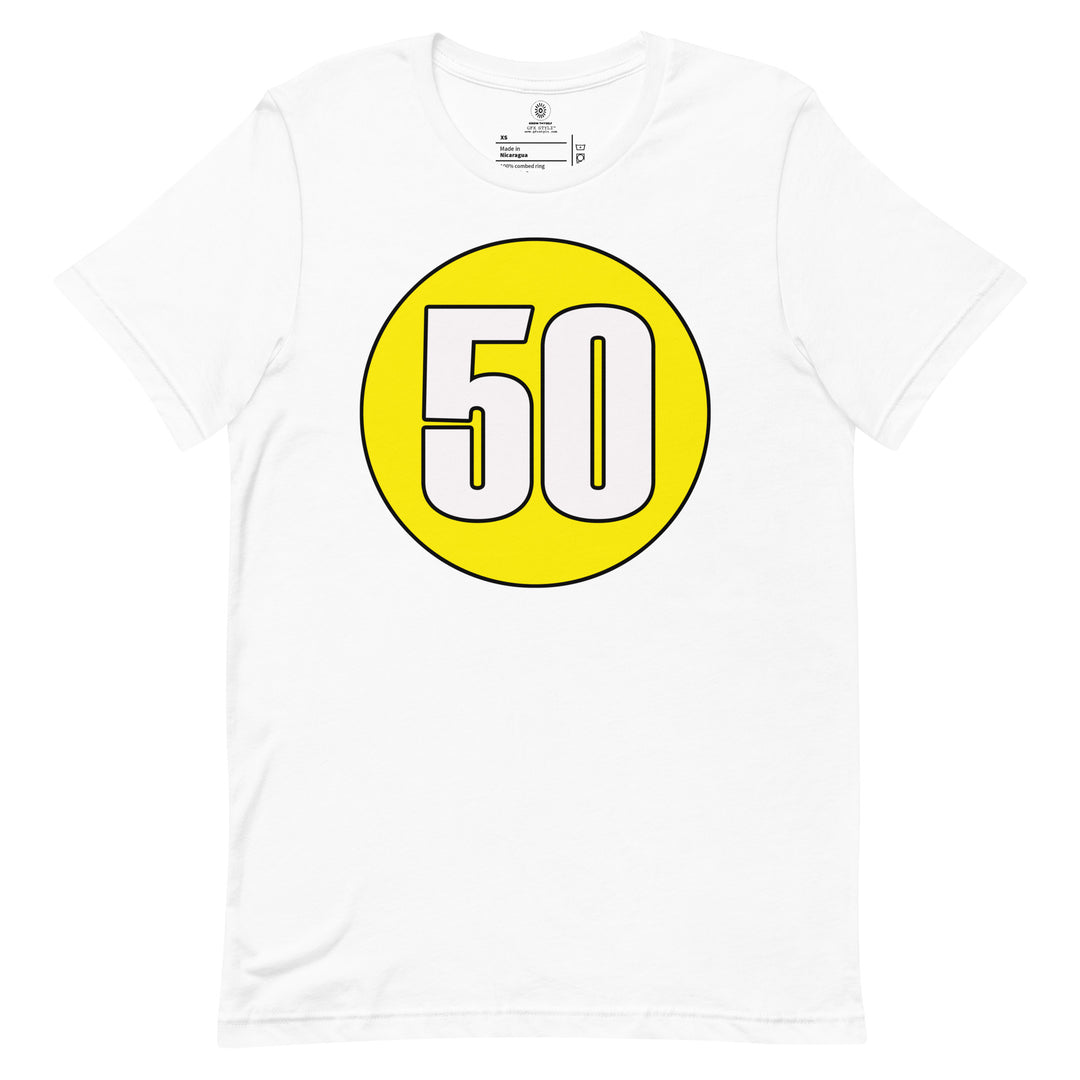 Unisex t-shirt: White on Yellow 50