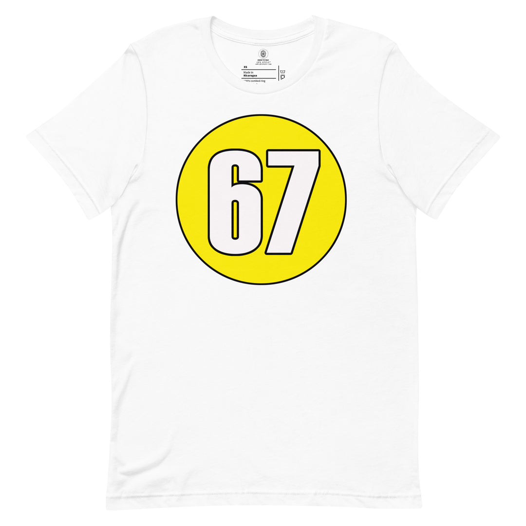 Unisex t-shirt: White on Yellow 67