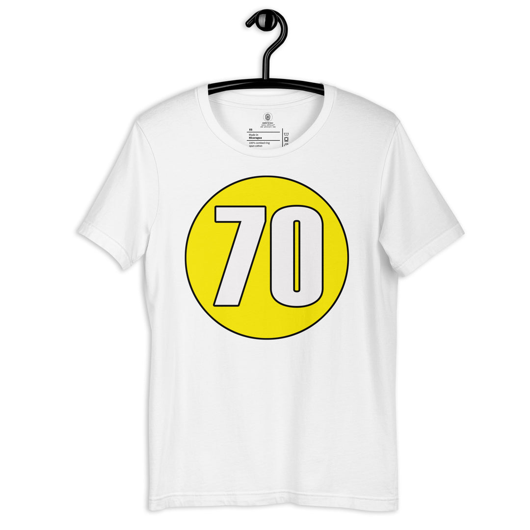 Unisex t-shirt: White on Yellow 70