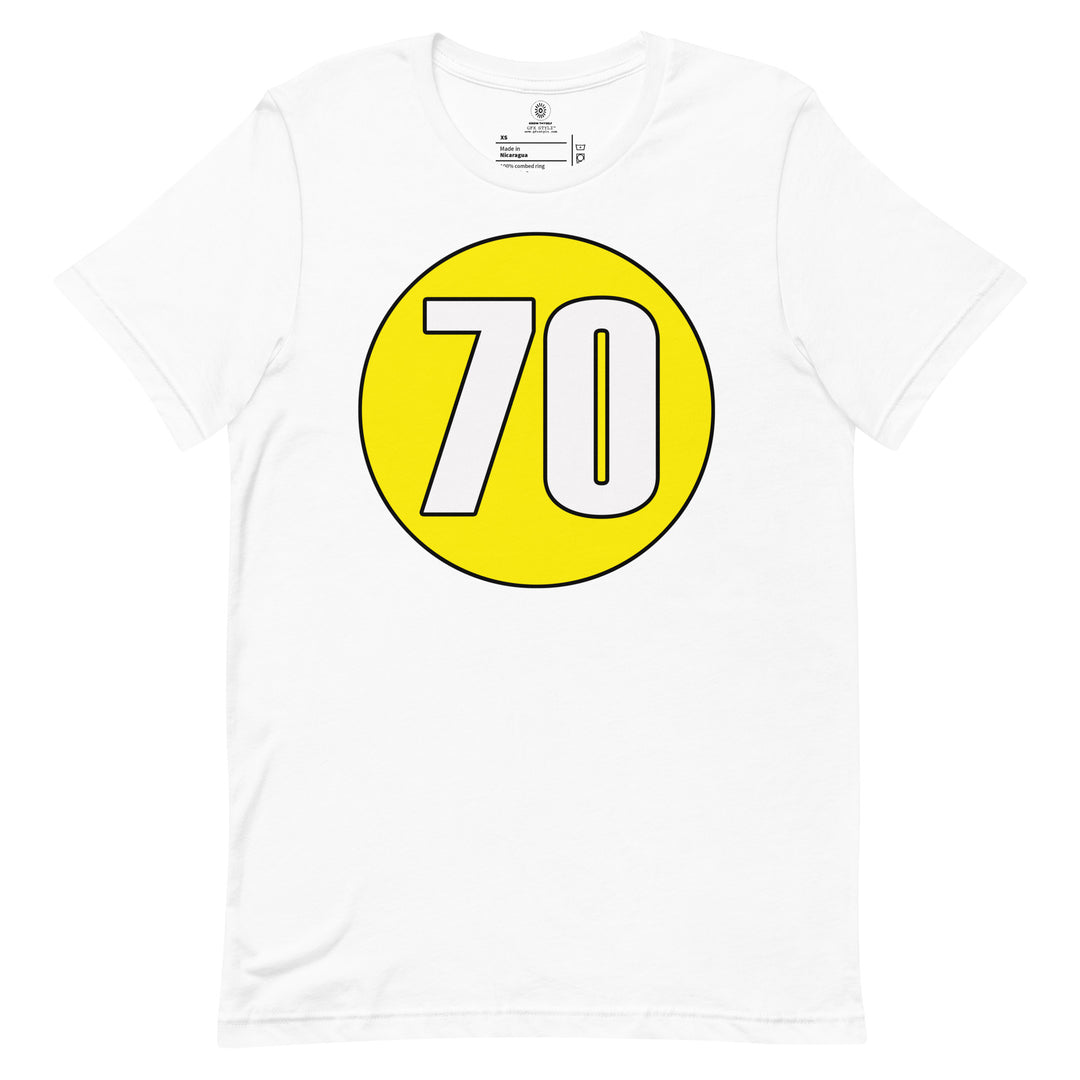 Unisex t-shirt: White on Yellow 70