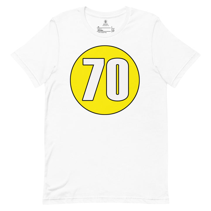 Unisex t-shirt: White on Yellow 70