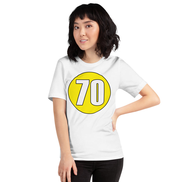 Unisex t-shirt: White on Yellow 70