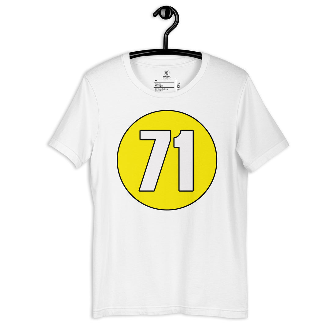 Unisex t-shirt: White on Yellow 71