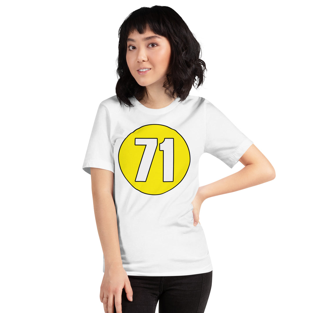 Unisex t-shirt: White on Yellow 71