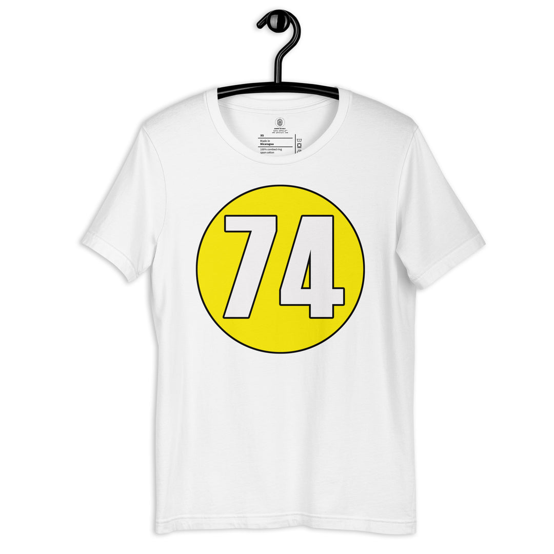 Unisex t-shirt: White on Yellow 74