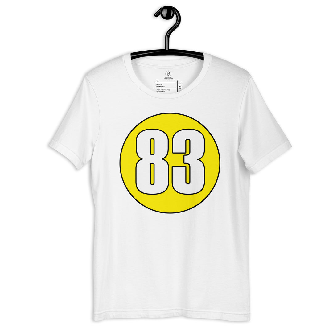 Unisex t-shirt: White on Yellow 83