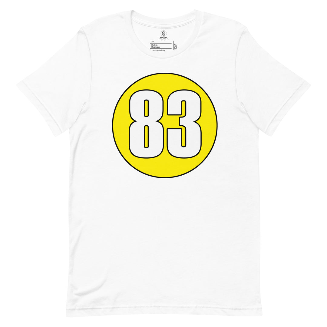 Unisex t-shirt: White on Yellow 83