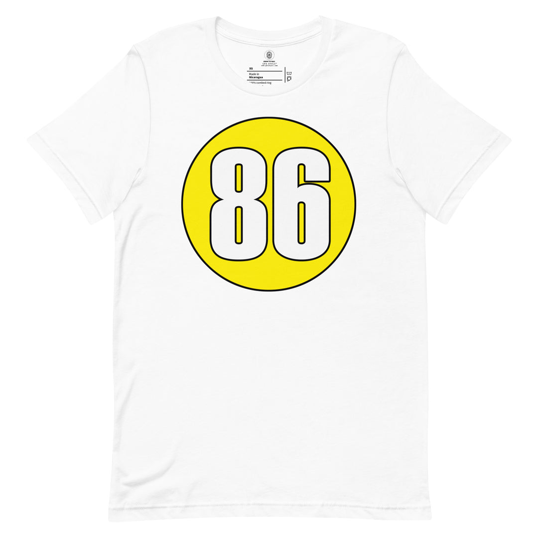 Unisex t-shirt: White on Yellow 86