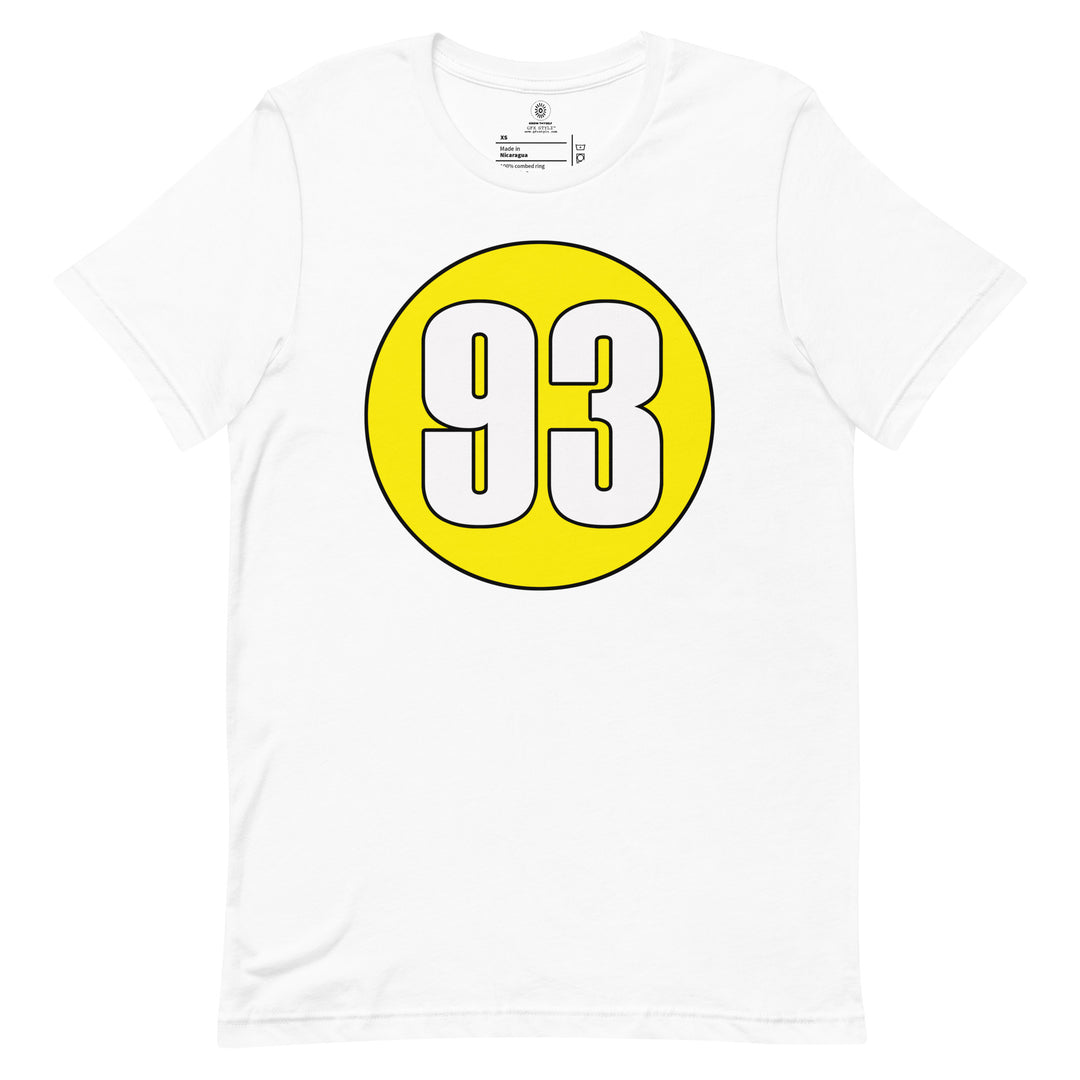 Unisex t-shirt: White on Yellow 93