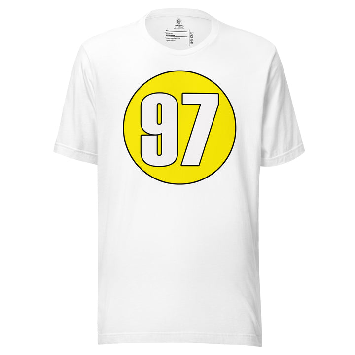 Unisex t-shirt: White on Yellow 97