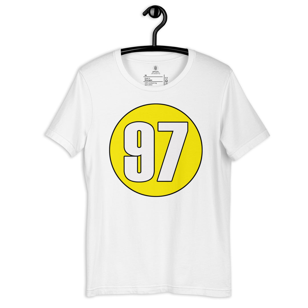 Unisex t-shirt: White on Yellow 97