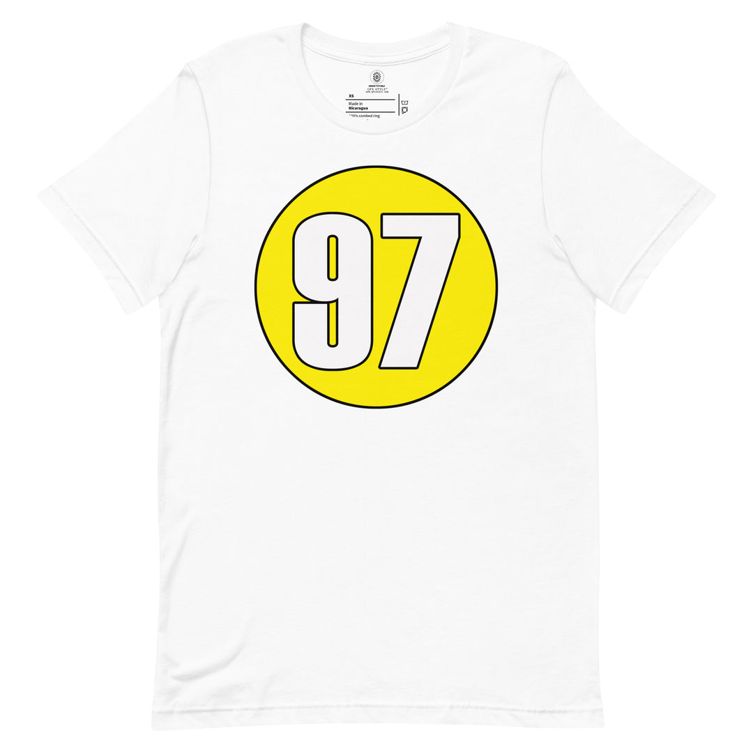 Unisex t-shirt: White on Yellow 97