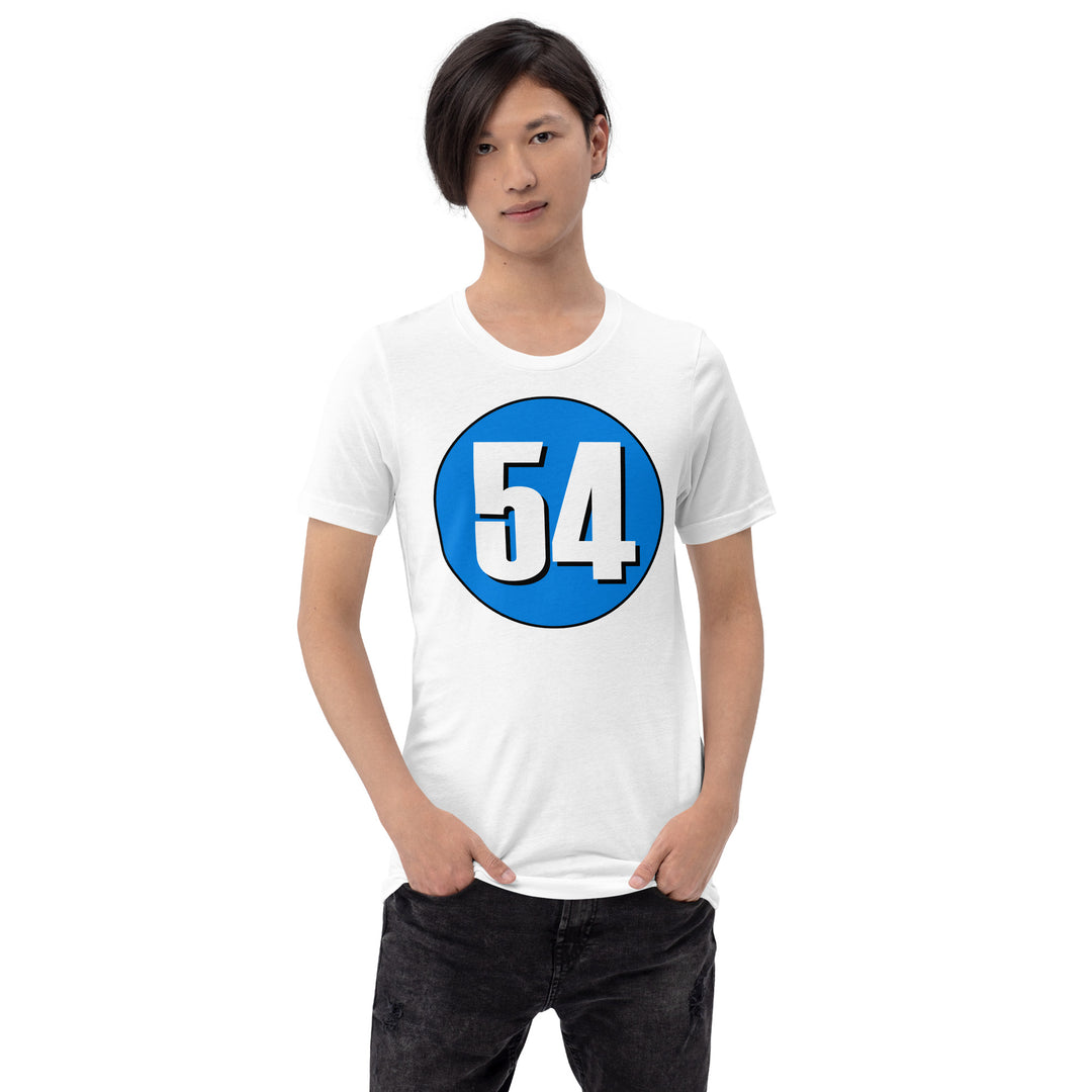 Unisex t-shirt: White on Blue 54