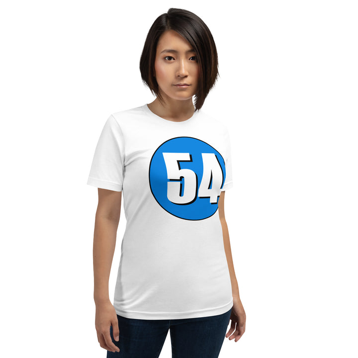 Unisex t-shirt: White on Blue 54