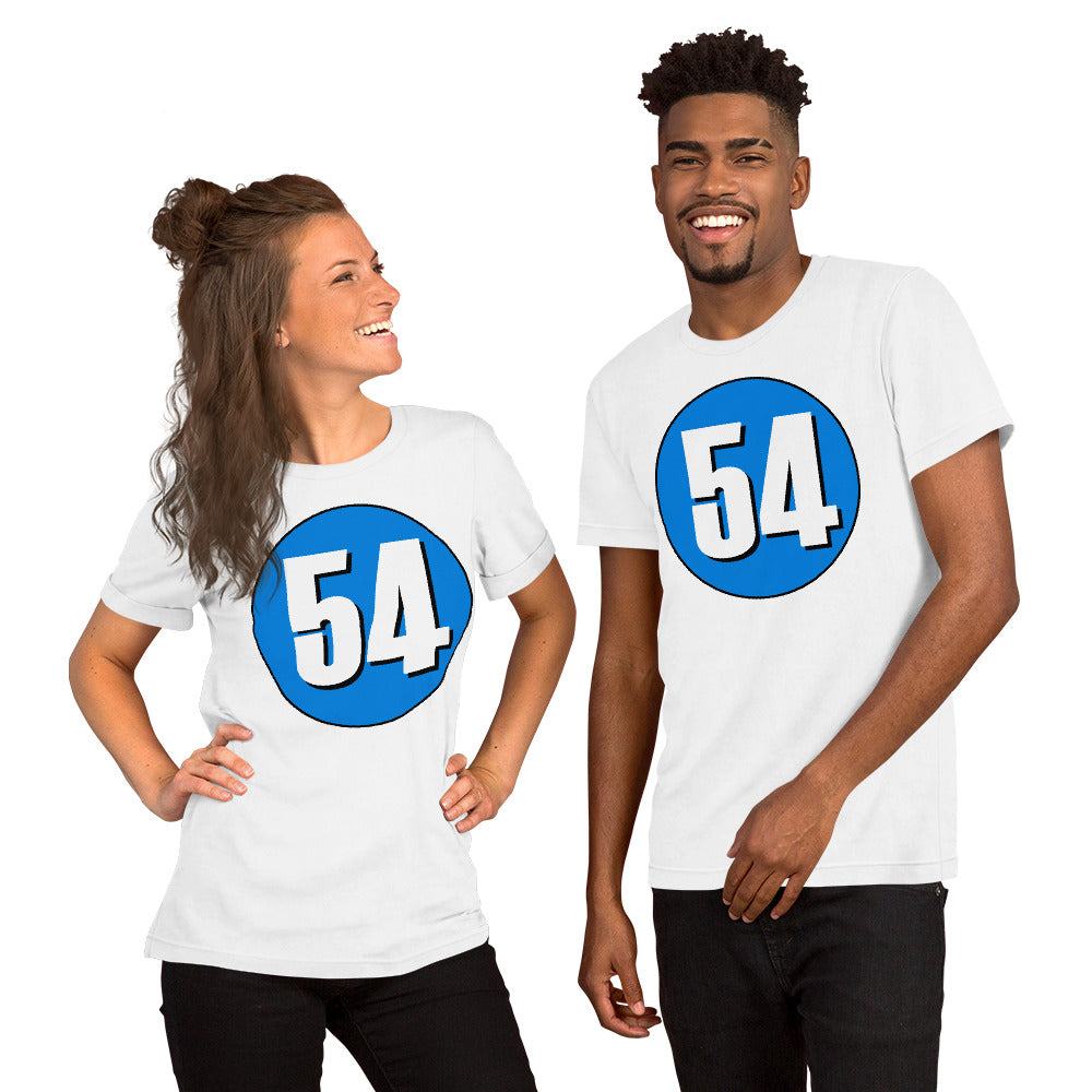 Unisex t-shirt: White on Blue 54