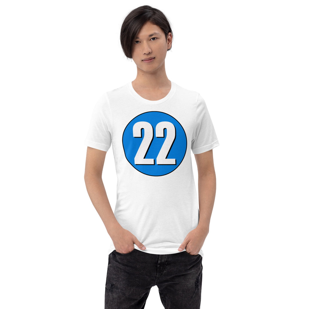 Unisex t-shirt: White on Blue 22