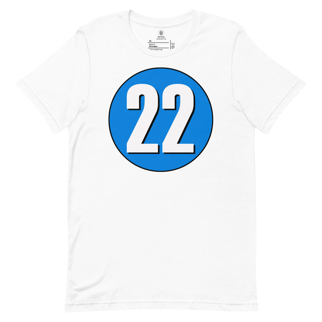 Unisex t-shirt: White on Blue 22