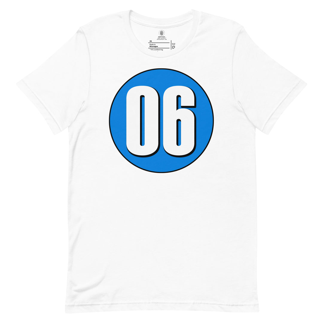 Unisex t-shirt: White on Blue 06