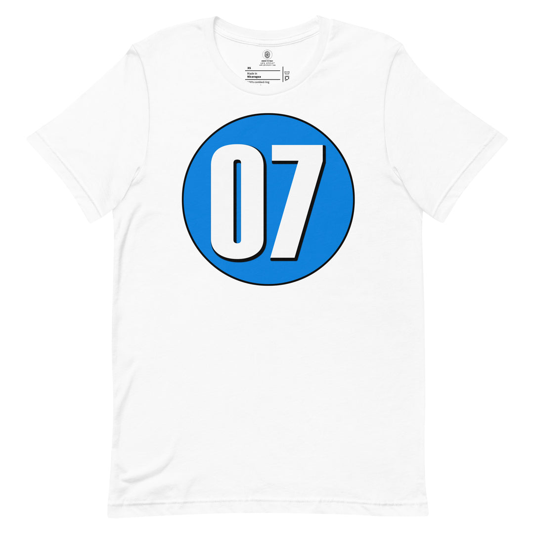 Unisex t-shirt: White on Blue 07