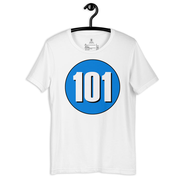 Unisex t-shirt: White on Blue 101