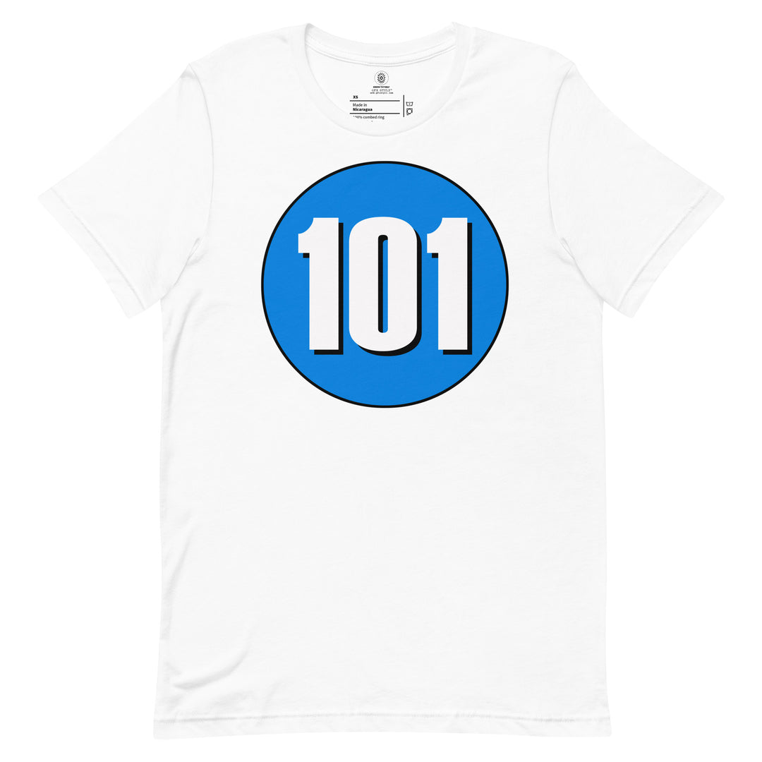 Unisex t-shirt: White on Blue 101