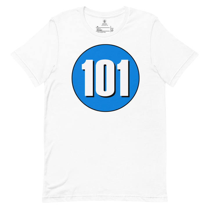 Unisex t-shirt: White on Blue 101