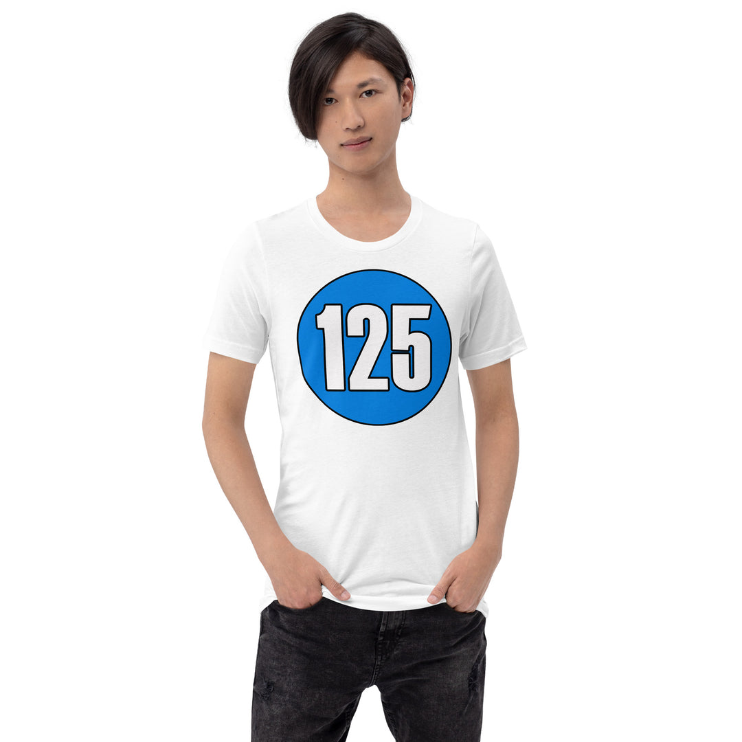 Unisex t-shirt: White on Blue 125