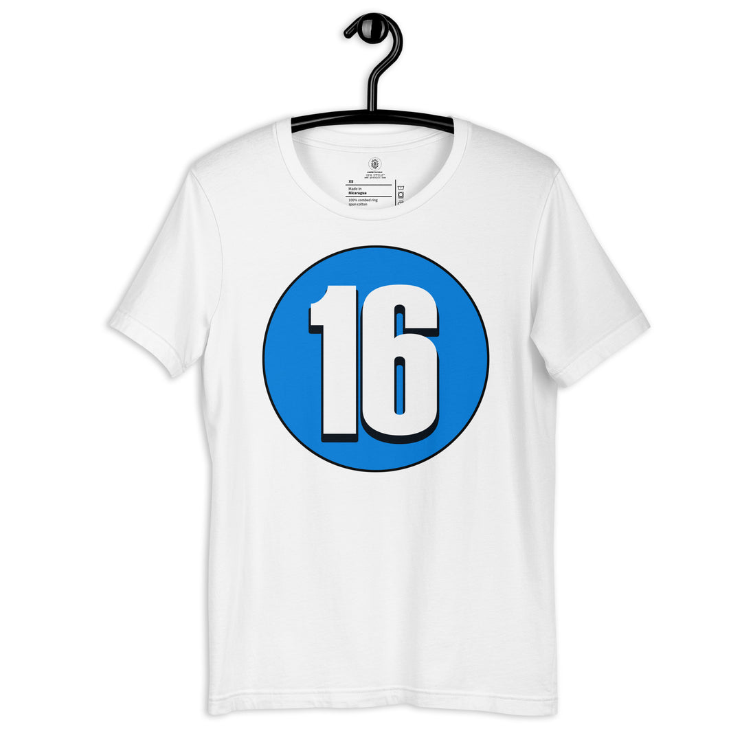 Unisex t-shirt: White on Blue 16