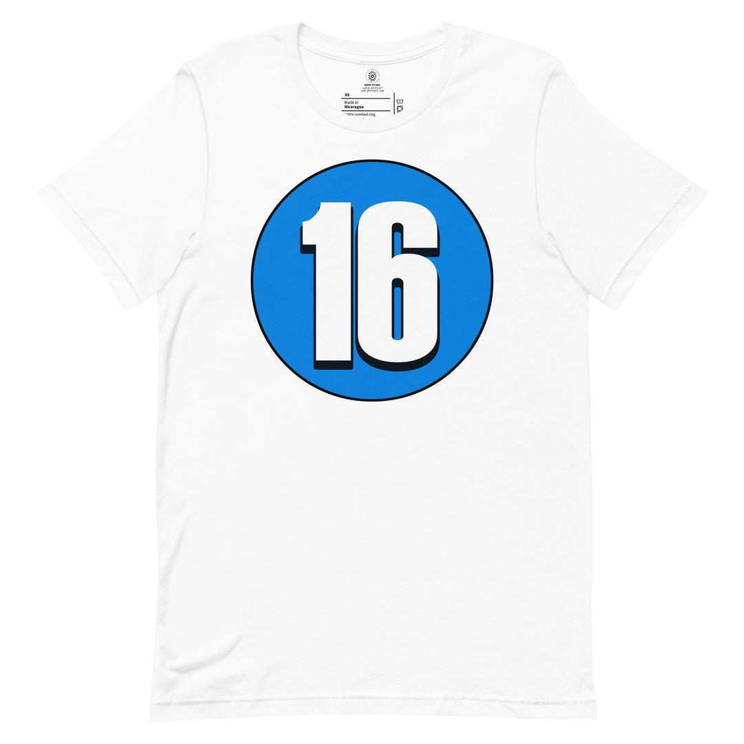 Unisex t-shirt: White on Blue 16