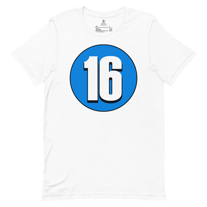 Unisex t-shirt: White on Blue 16