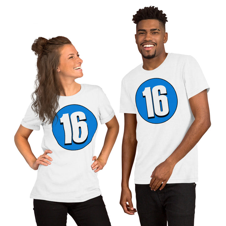 Unisex t-shirt: White on Blue 16