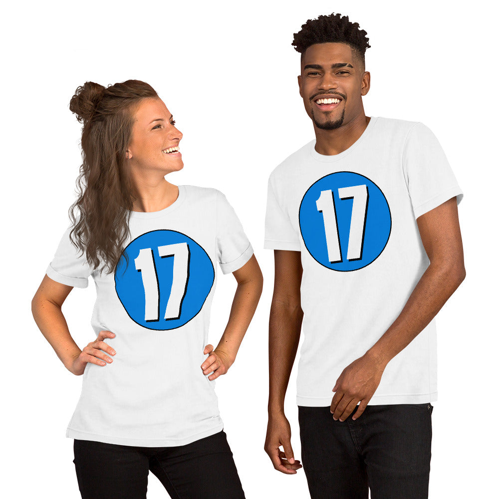 Unisex t-shirt: White on Blue 17