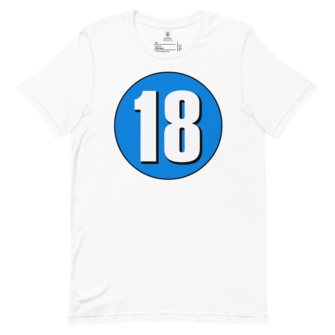 Unisex t-shirt: White on Blue 18