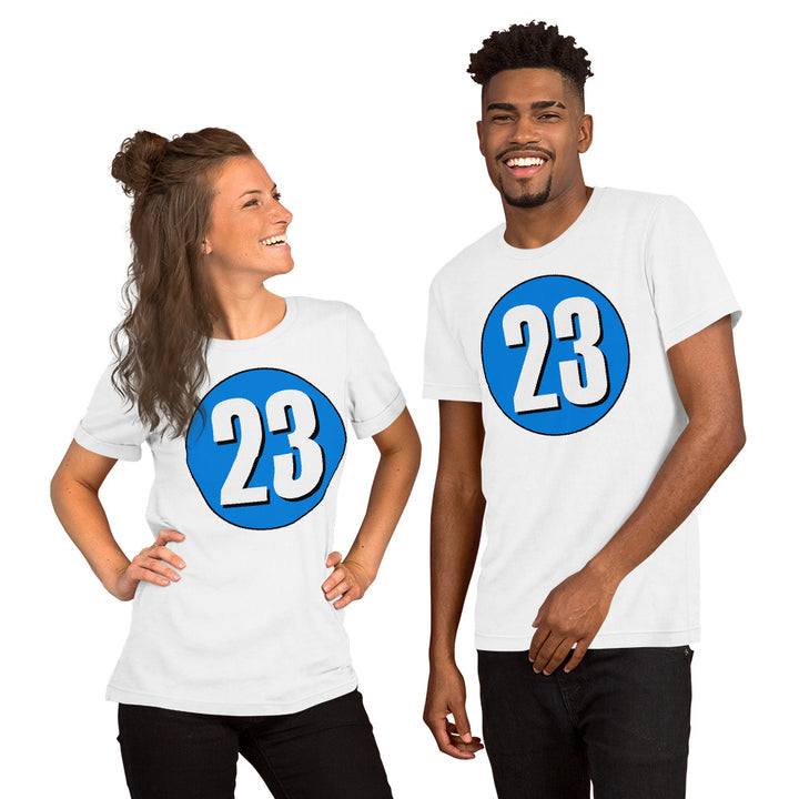 Unisex t-shirt: White on Blue 23