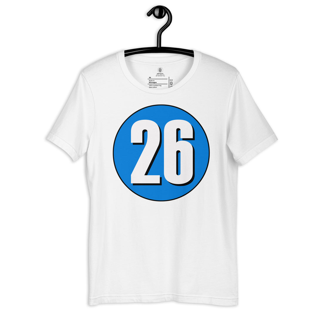 Unisex t-shirt: White on Blue 26