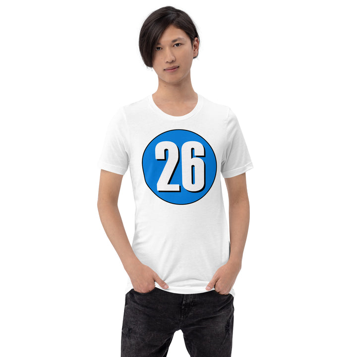 Unisex t-shirt: White on Blue 26